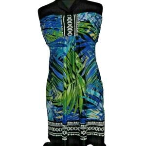 JFW Dress Plus 3X Blue Green Halter Tropical Hawaiian Beachy Floral Vacation